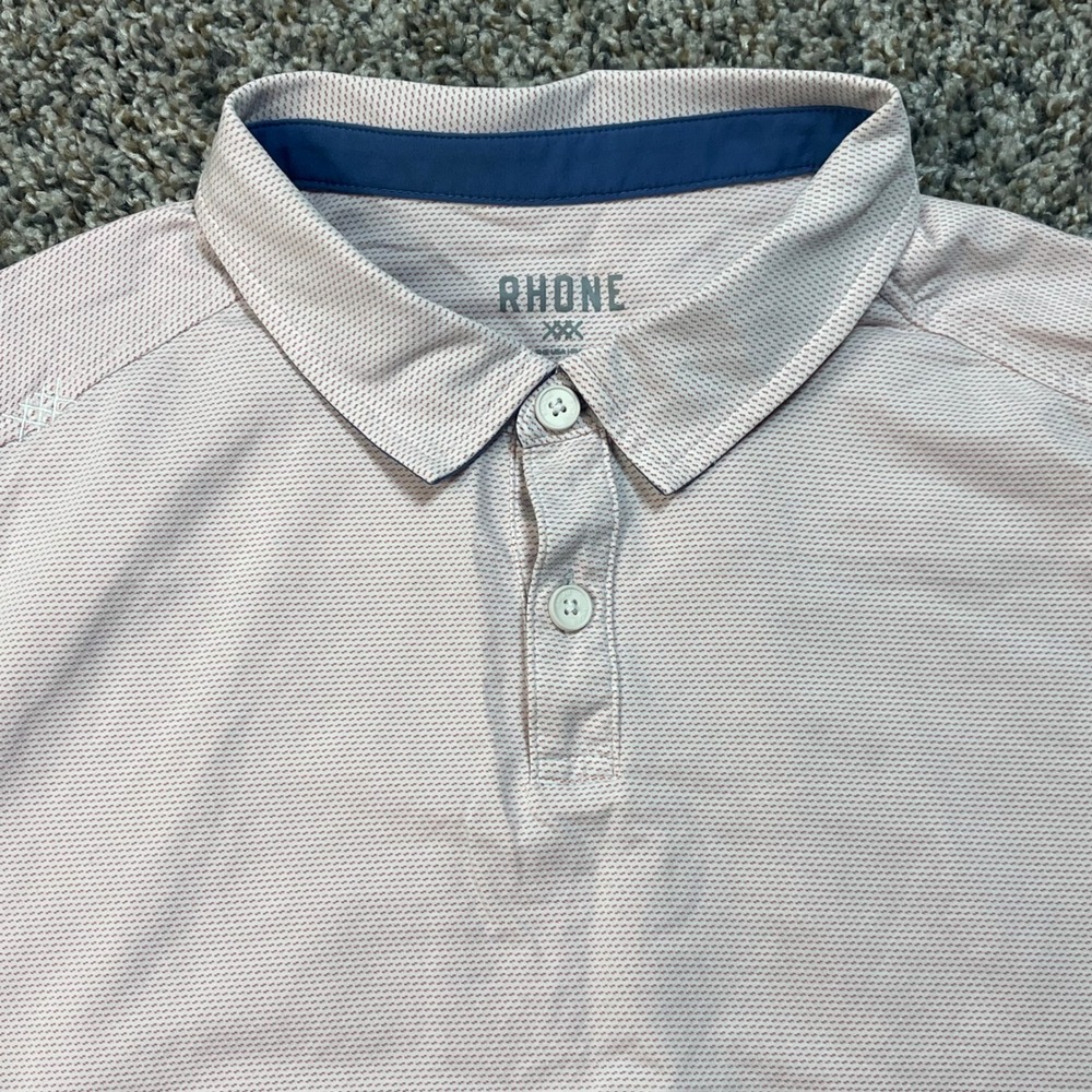 Rhone Men's Large Delta Pique Polo Shirt Pink White Micro Stripe Golf 101455